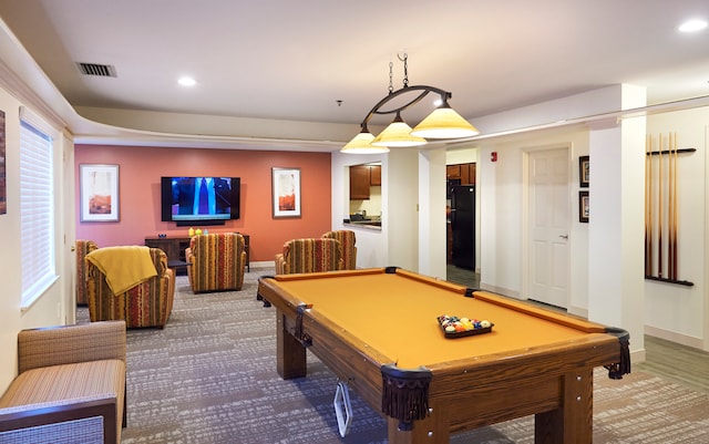 recreation room featuring billiards and dark colored carpet