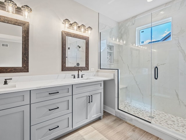 bathroom featuring vanity and a shower with door