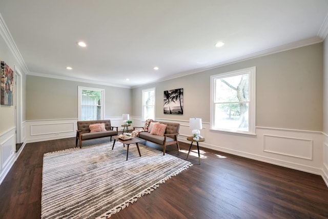 living room featuring crown molding, plenty of natural light, and dark hardwood / wood-style floors