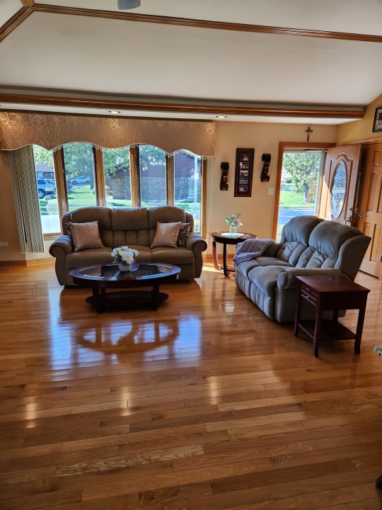 living room with lofted ceiling with beams and hardwood / wood-style floors