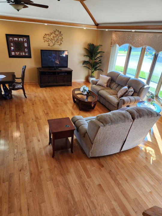 living room with ceiling fan, crown molding, and light hardwood / wood-style floors