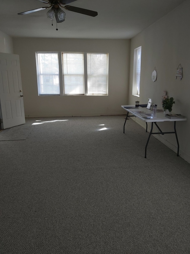 interior space with ceiling fan and carpet floors