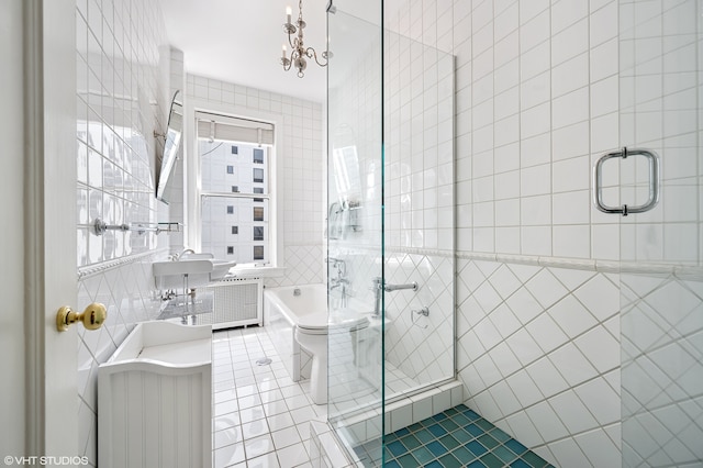 bathroom featuring tile walls, walk in shower, toilet, and tile flooring