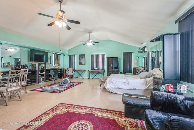 bedroom with tile patterned floors and lofted ceiling