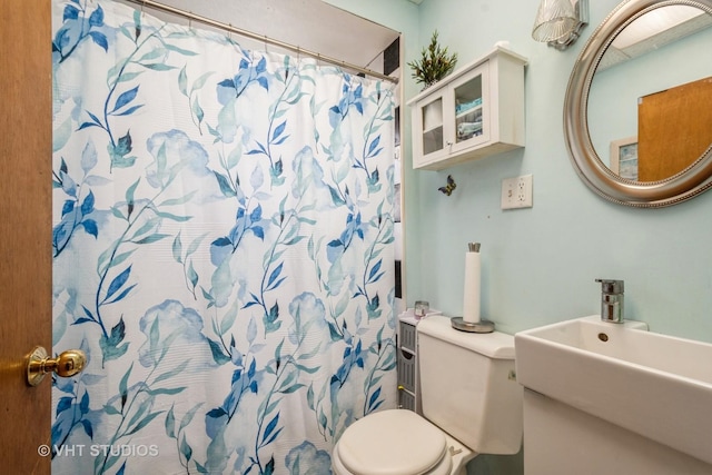 bathroom featuring sink, a shower with curtain, and toilet