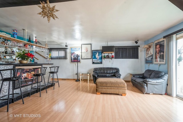 living room featuring wood-type flooring and bar area