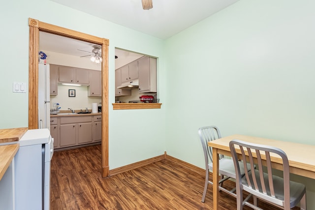 dining area with ceiling fan and dark hardwood / wood-style floors