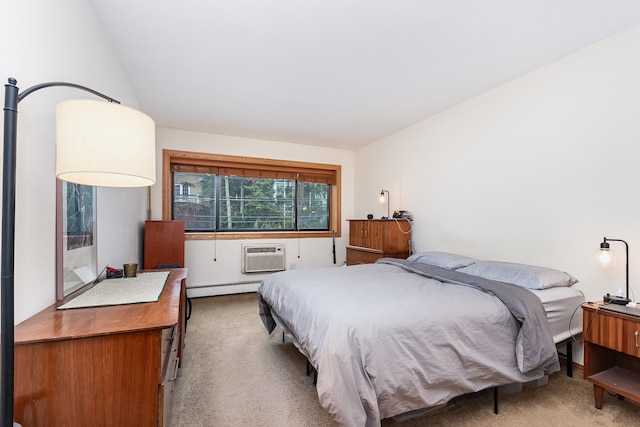 bedroom with light carpet, a wall mounted air conditioner, a baseboard heating unit, and vaulted ceiling