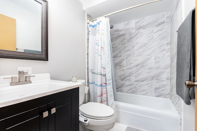 full bathroom featuring toilet, vanity, and shower / tub combo with curtain