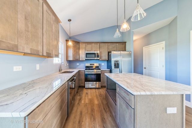 kitchen with vaulted ceiling, dark hardwood / wood-style flooring, appliances with stainless steel finishes, and a center island