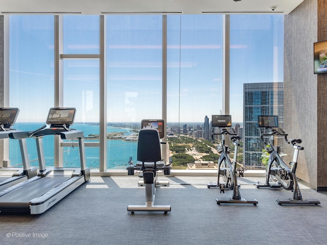 exercise room featuring floor to ceiling windows, carpet, and a water view