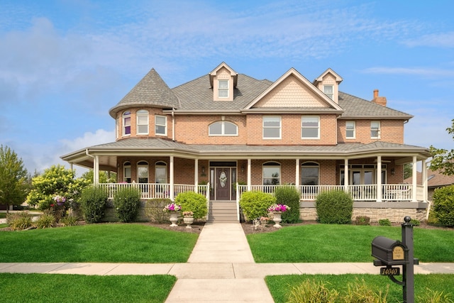 victorian house with covered porch and a front lawn