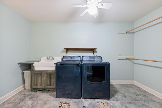 14040 Boxwood Ln, Orland Park, IL 60462 - clothes washing area featuring independent washer and dryer, baseboards, laundry area, a ceiling fan, and a sink