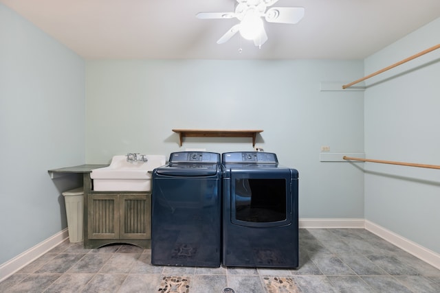 washroom featuring sink, tile flooring, ceiling fan, and washing machine and clothes dryer