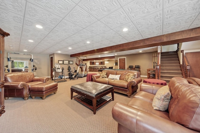 14040 Boxwood Ln, Orland Park, IL 60462 - living room featuring baseboards, stairway, recessed lighting, carpet floors, and pool table