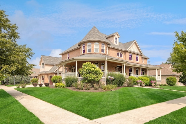 victorian house featuring covered porch and a front yard