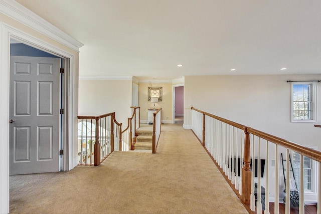 hallway featuring light colored carpet and ornamental molding