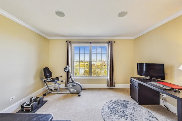 exercise room with light colored carpet and crown molding