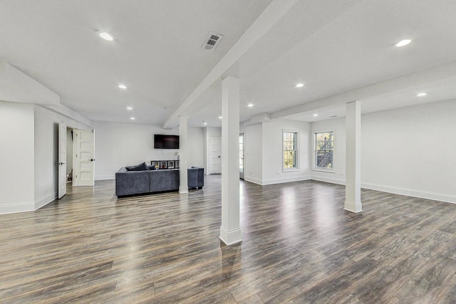 living room with dark hardwood / wood-style floors