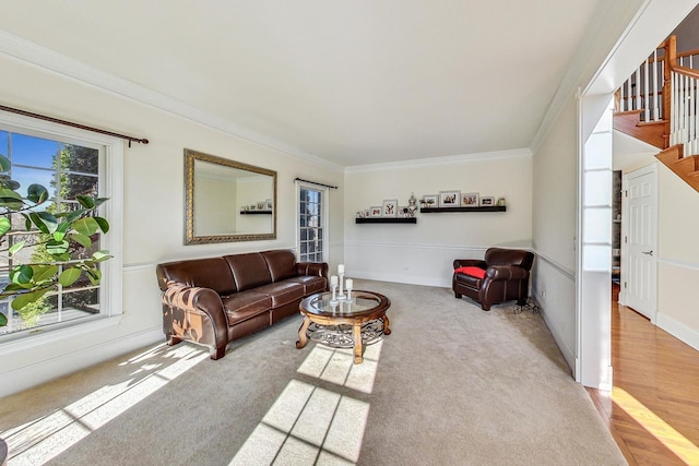 living room featuring light colored carpet and ornamental molding