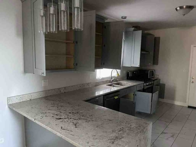 kitchen with black dishwasher, white cabinetry, light stone countertops, sink, and light tile flooring