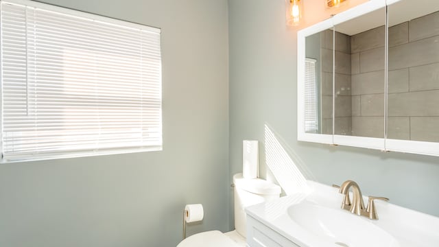 bathroom with toilet and vanity with extensive cabinet space