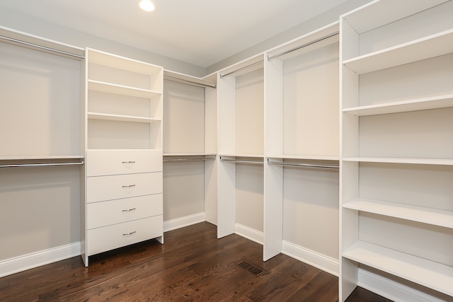 spacious closet with dark wood-type flooring