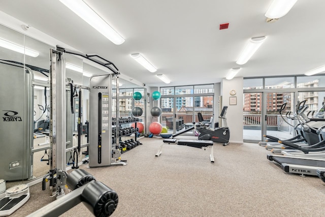 workout area with light colored carpet and a wall of windows