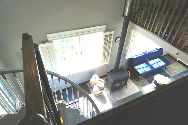 interior details with a wood stove