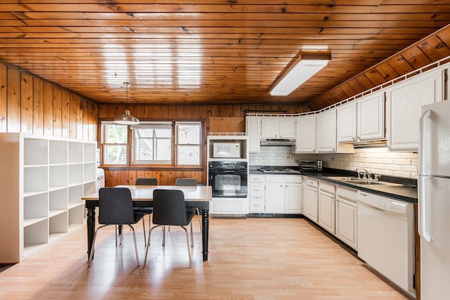 kitchen with wooden ceiling, white appliances, a sink, tasteful backsplash, and dark countertops