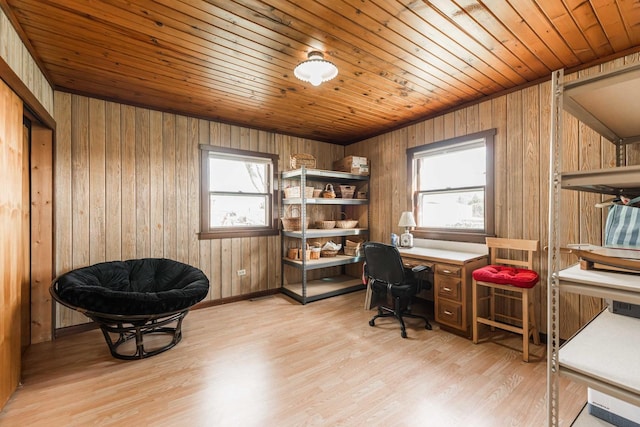 office featuring light wood-type flooring, wood ceiling, and wood walls