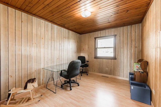 home office with wooden ceiling, baseboards, and wood finished floors