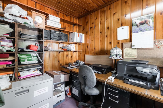 office space with wooden ceiling and wooden walls