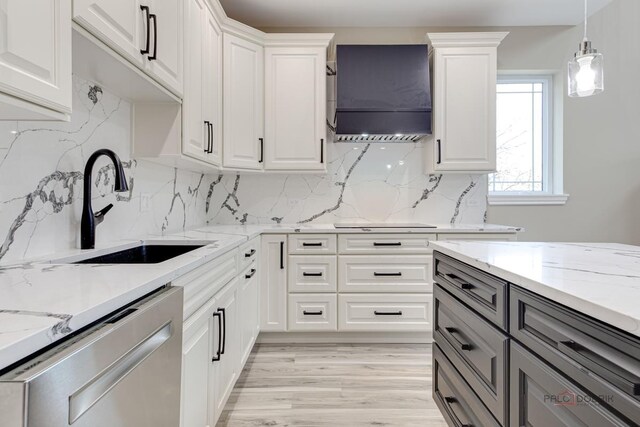 180 N E River Rd Unit E, Des Plaines, IL 60016 - kitchen with custom exhaust hood, a sink, decorative light fixtures, gray cabinetry, and stainless steel dishwasher