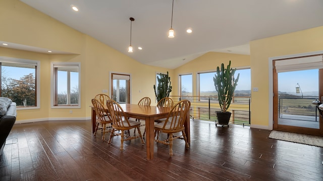 dining room with high vaulted ceiling and dark hardwood / wood-style flooring