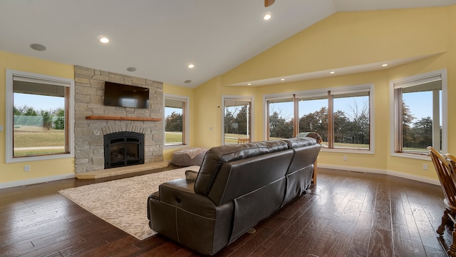 living room with dark wood-type flooring, a healthy amount of sunlight, and a fireplace