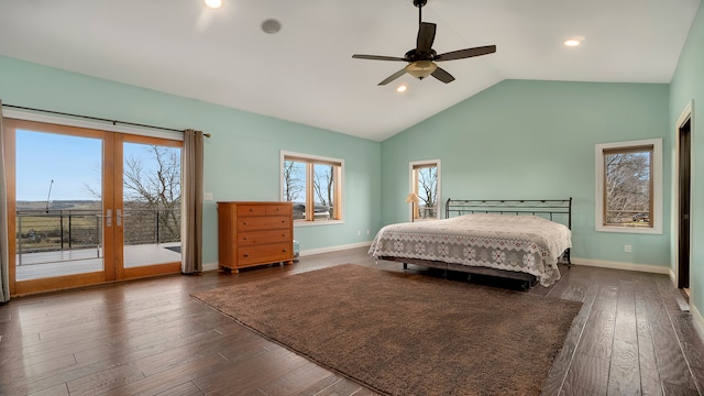 bedroom featuring ceiling fan, access to outside, high vaulted ceiling, and dark hardwood / wood-style floors