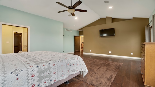 bedroom featuring ceiling fan, lofted ceiling, and dark hardwood / wood-style floors