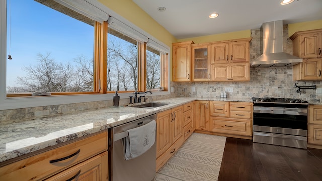 kitchen featuring sink, appliances with stainless steel finishes, backsplash, light stone countertops, and wall chimney exhaust hood