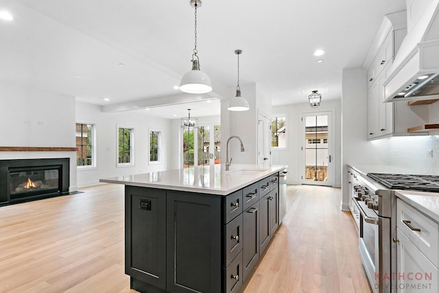 kitchen with hanging light fixtures, stainless steel appliances, light hardwood / wood-style floors, and custom exhaust hood