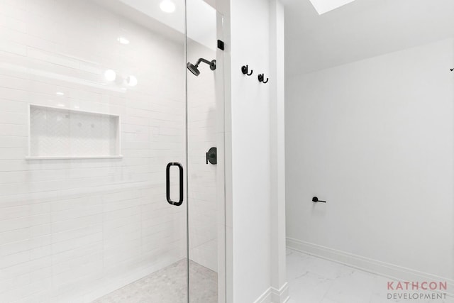 bathroom featuring walk in shower and tile floors