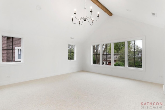 unfurnished room featuring high vaulted ceiling, light colored carpet, beamed ceiling, and a notable chandelier