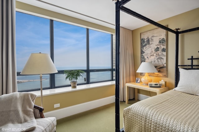 carpeted bedroom featuring multiple windows and a water view