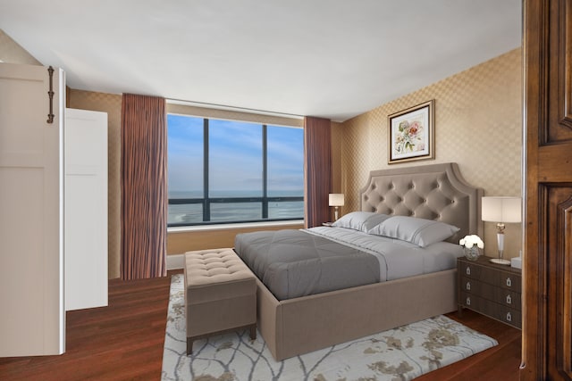 bedroom with dark hardwood / wood-style flooring and a water view