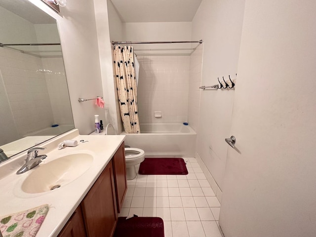 full bathroom with shower / bath combination with curtain, tile flooring, toilet, and large vanity