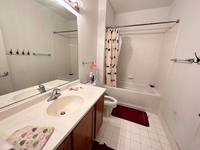 full bathroom with shower / tub combo with curtain, tile flooring, toilet, and vanity