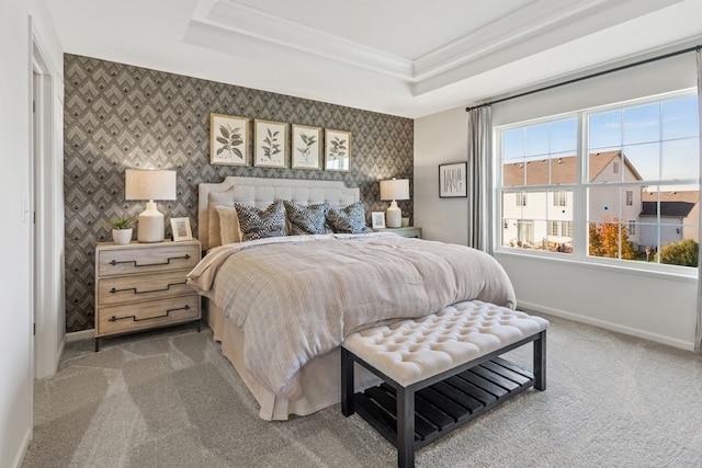 carpeted bedroom featuring a tray ceiling