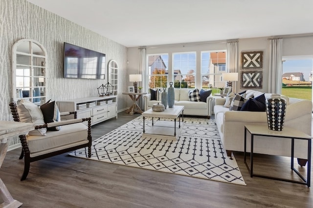 living room with dark hardwood / wood-style flooring