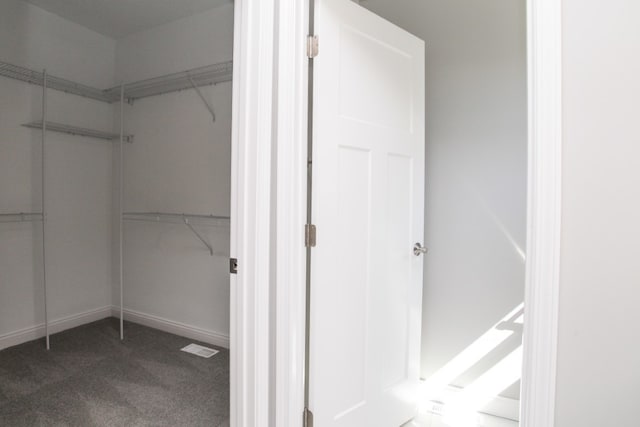 walk in closet with dark carpet