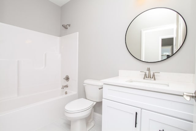 full bathroom with shower / bathing tub combination, vanity, tile floors, and toilet